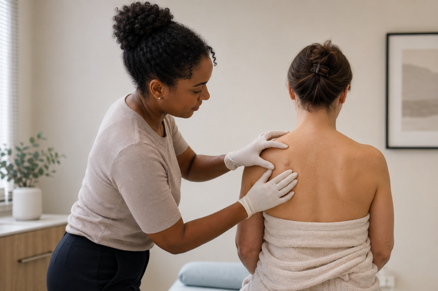 Clinician examining a lump on a patient's back during a private Mole Check appointment in Cheshire