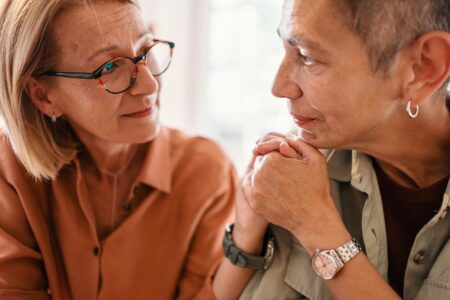 Two women talking together about menopause and midlife health